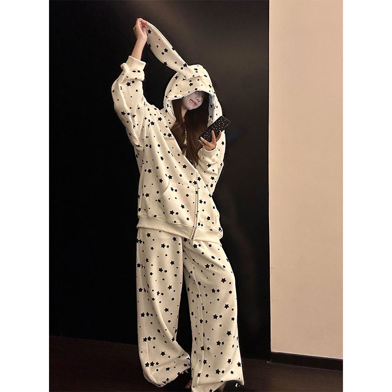 韩版星星印花兔耳朵连帽睡衣女