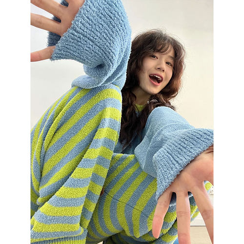 韩版高级条纹半边绒睡衣女秋冬