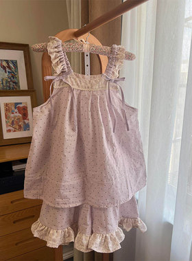 紫色波点蕾丝花边吊带睡衣女夏季新款荷叶边短裤家居服套装可出门