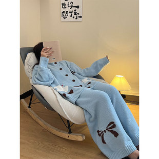 甜美可爱针织半边绒睡衣女2025秋冬季加绒加厚保暖长袖长裤家居服