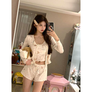 舒适家居服套装 甜美可爱卡通蝴蝶结吊带开衫 春夏大码 睡衣女款 短裤