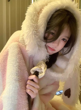 可爱兔耳朵珊瑚绒睡袍女款2026冬季连帽加绒加厚中长款浴袍家居服