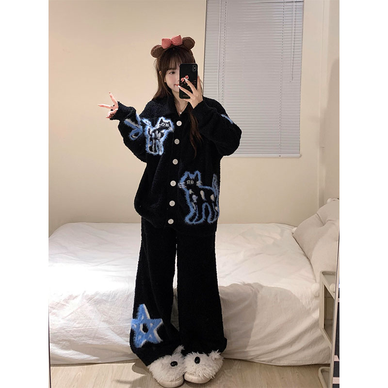 卡通可爱小猫针织半边绒睡衣