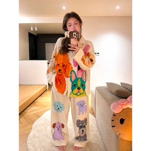 休闲风卡通小狗印花睡衣女款2026年秋季宽松长裤家居服套装可外穿