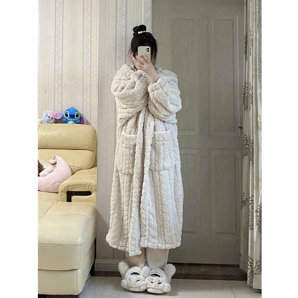 网红高级感加厚保暖珊瑚绒睡袍2024秋冬季居家服长袖睡裙女款睡衣