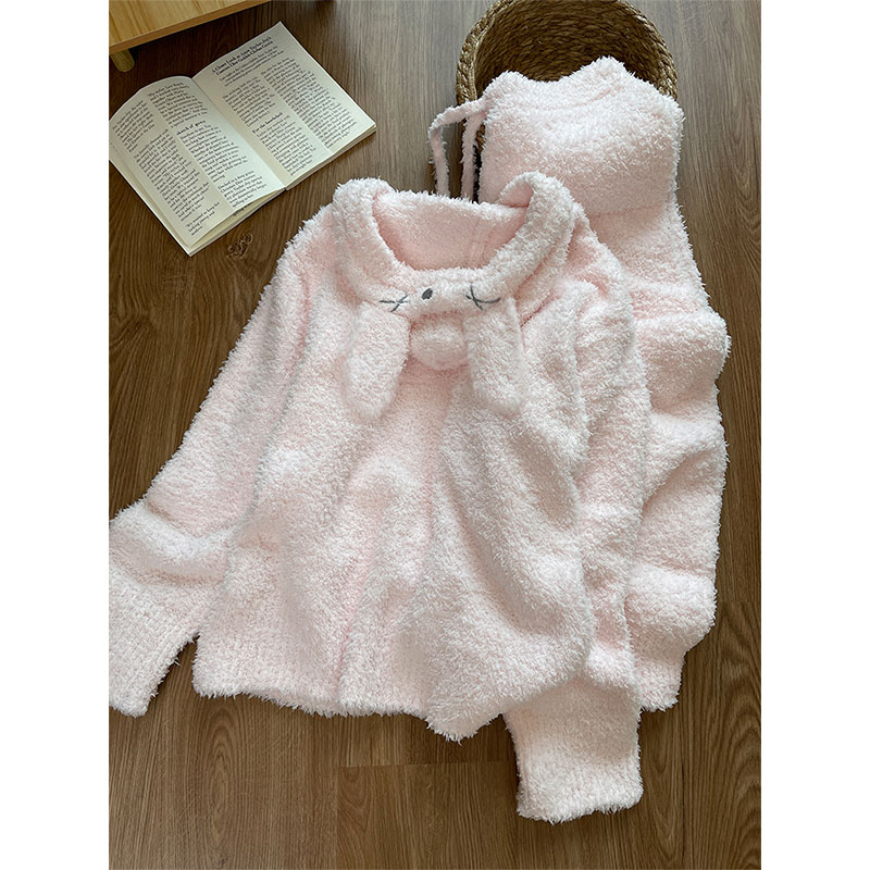 甜美可爱卡通兔半边绒睡衣女秋