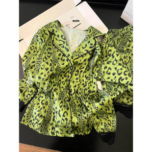 缎面家居服套装 绿色高级感冰丝豹纹休闲睡衣女春秋季 长裤 长袖 新款