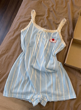 卡通可爱少女风蓝色条纹吊带睡衣女夏季新款设计感短裤家居服睡裙