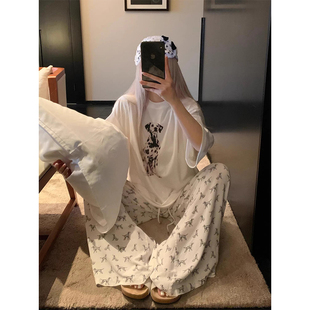 可外穿 卡通小狗印花短袖 睡衣女夏季 显瘦休闲阔腿遛弯裤 家居服套装