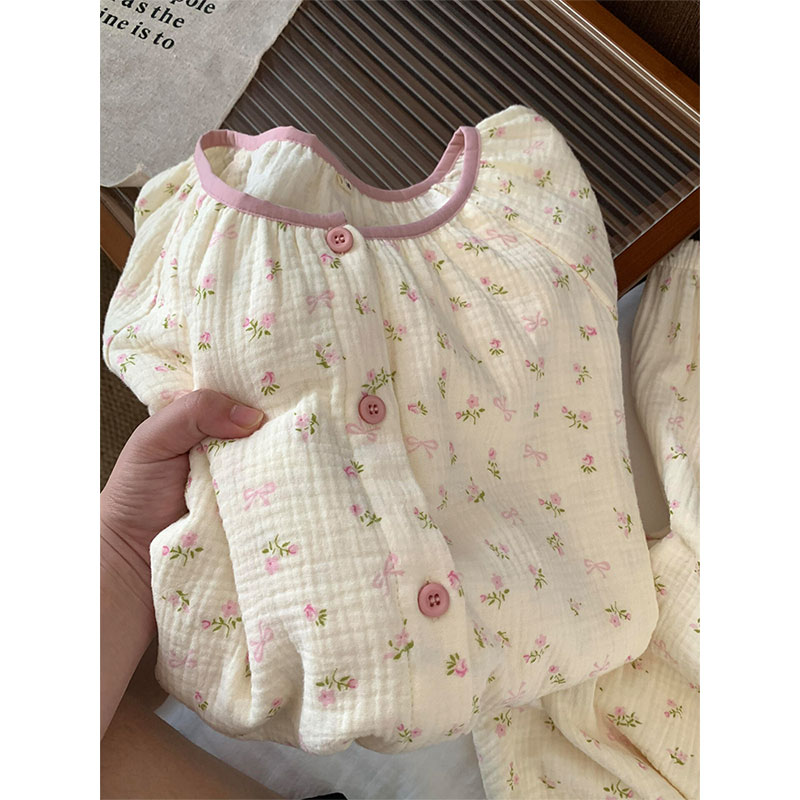 甜美可爱粉色碎花婴儿棉纱睡衣女春秋新款纯棉长袖长裤家居服套装