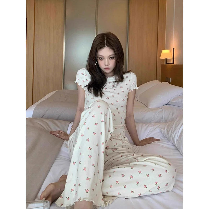 纯欲少女碎花短袖睡衣女款夏季大码休闲可外穿长裤家居服两件套装