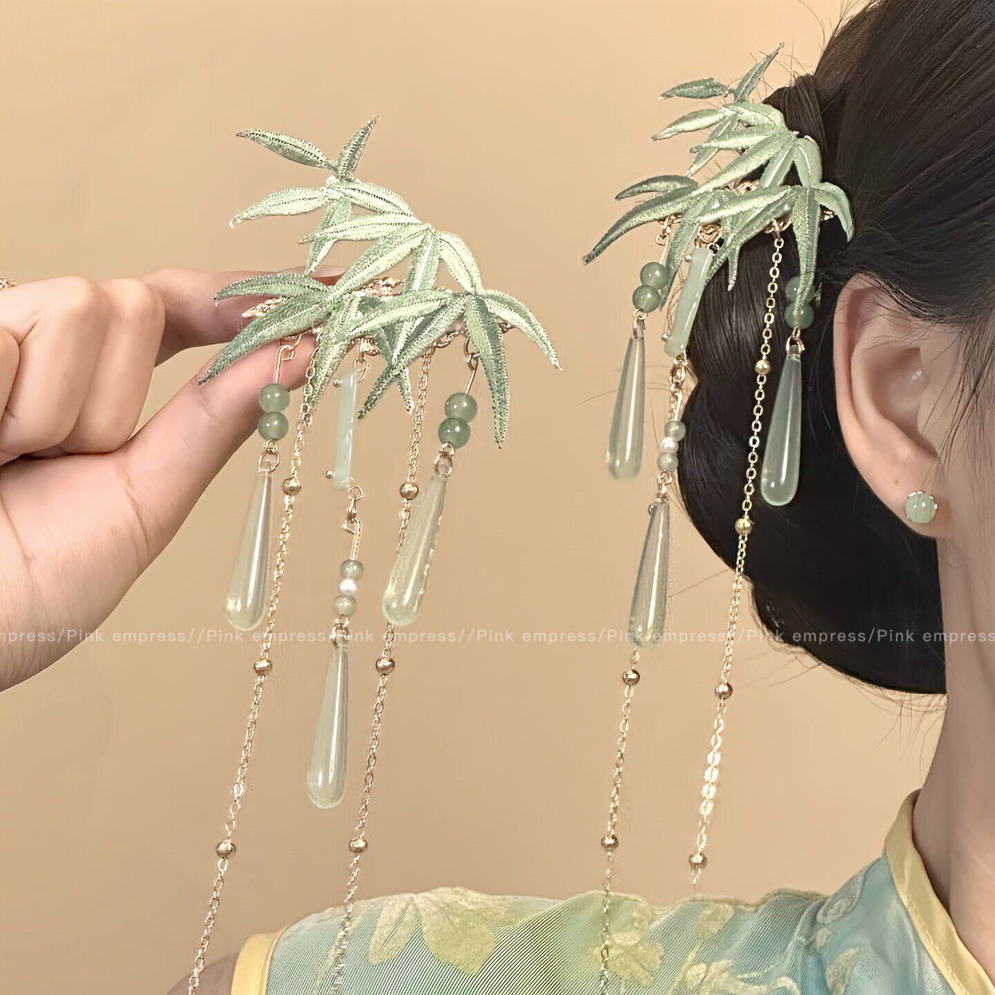 高级感新中式国风竹叶流苏发夹女旗袍头发头饰侧边夹发饰发卡夹子