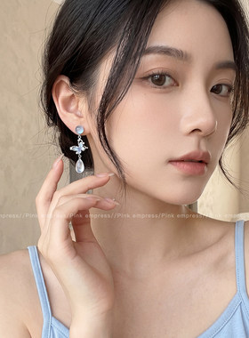 新中式蓝色蝴蝶结耳环女复古小众设计耳饰耳坠夏天清冷感耳夹耳钉