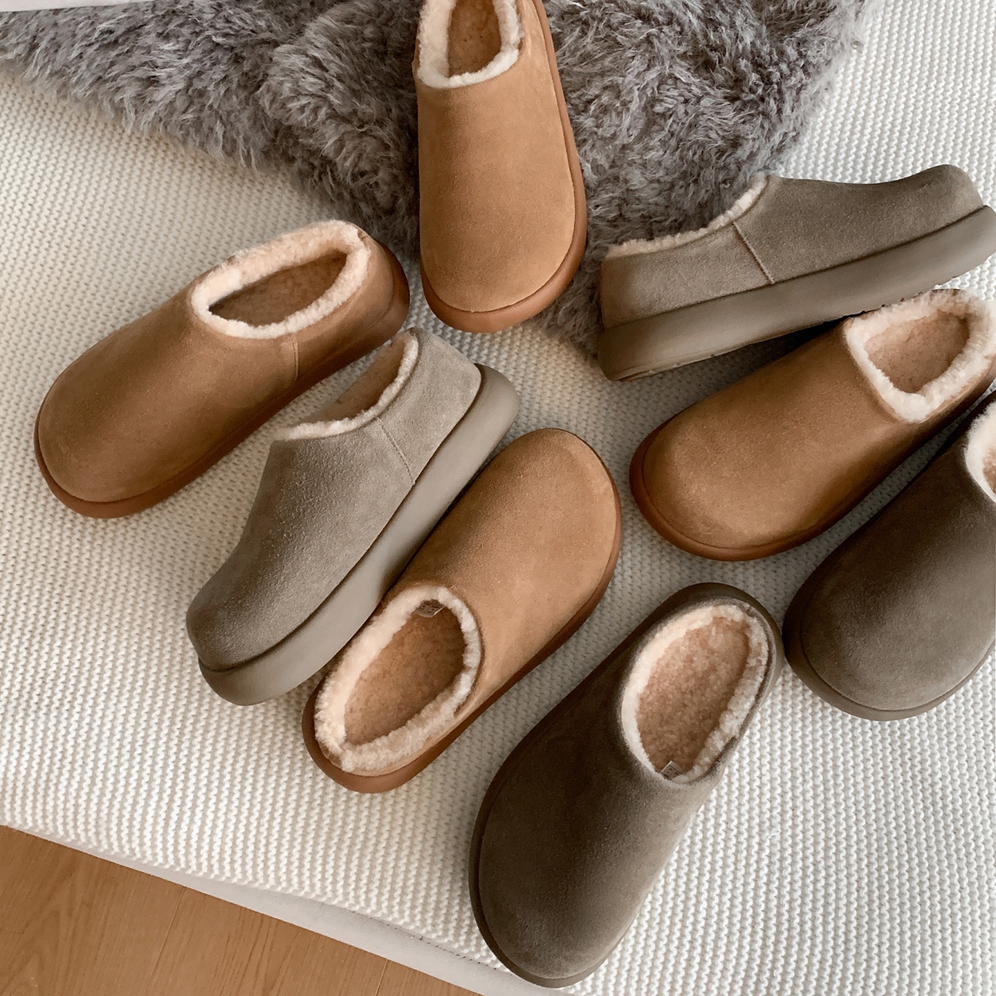 简约圆头深口长绒套脚毛毛鞋厚底