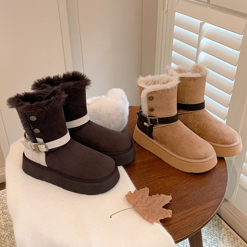 简约圆头短筒皮带扣长绒雪地靴