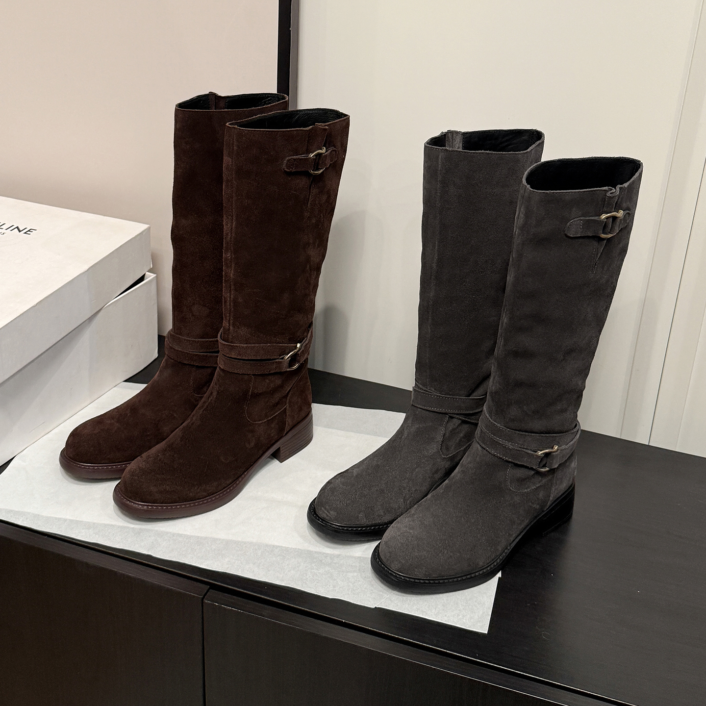 复古圆头高筒皮带扣套脚骑士靴