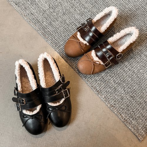 复古圆头蝴蝶结搭扣短绒玛丽珍