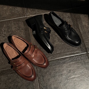 圆圆妈真皮英伦乐福鞋法式复古老钱风小皮鞋圆头单鞋一脚蹬女鞋子