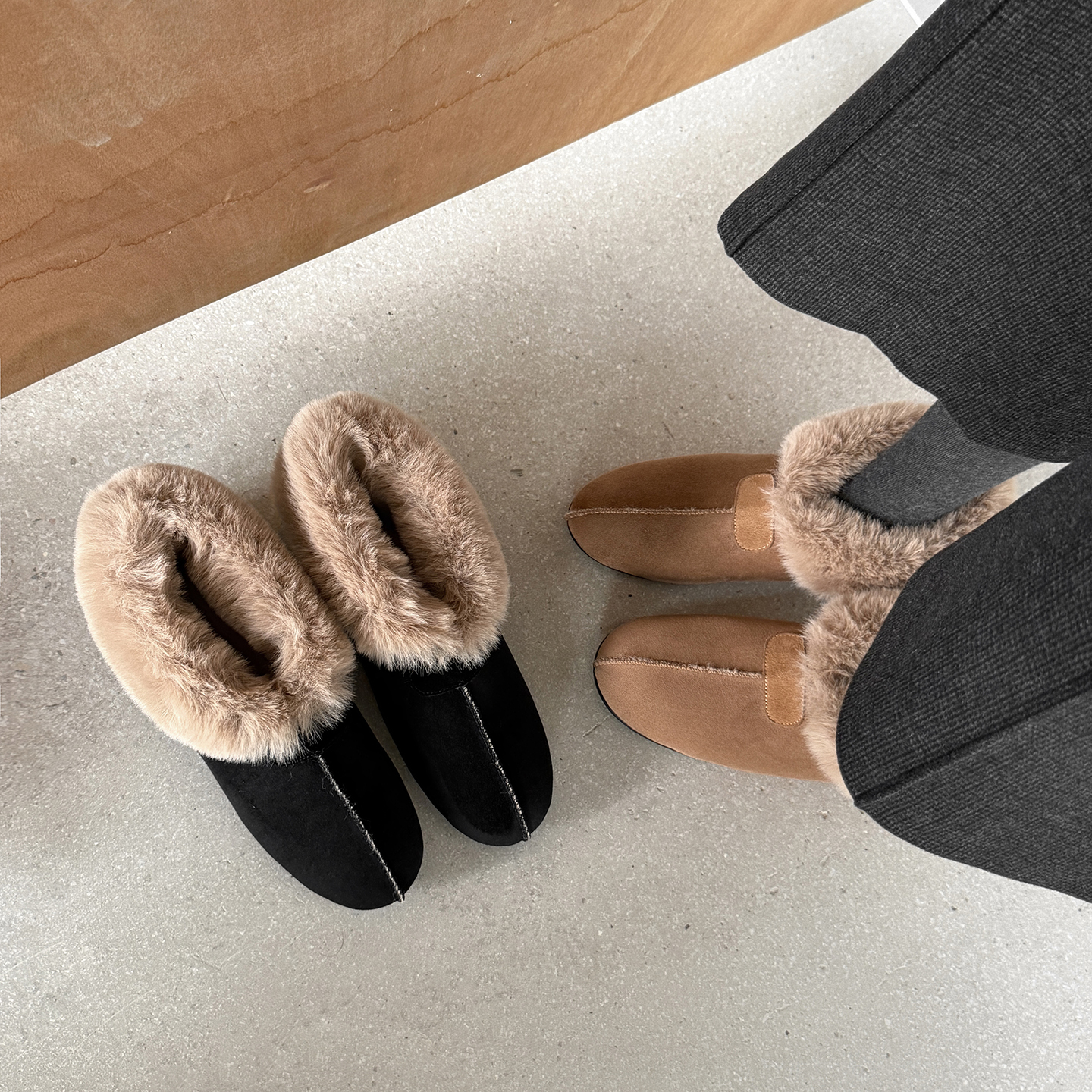 复古圆头深口拼接长绒毛毛鞋