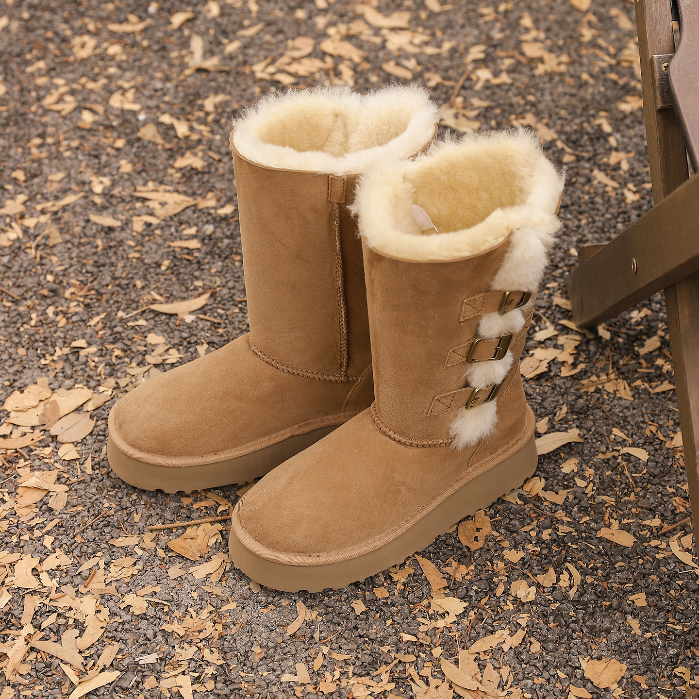 休闲圆头中筒皮带扣长绒雪地靴