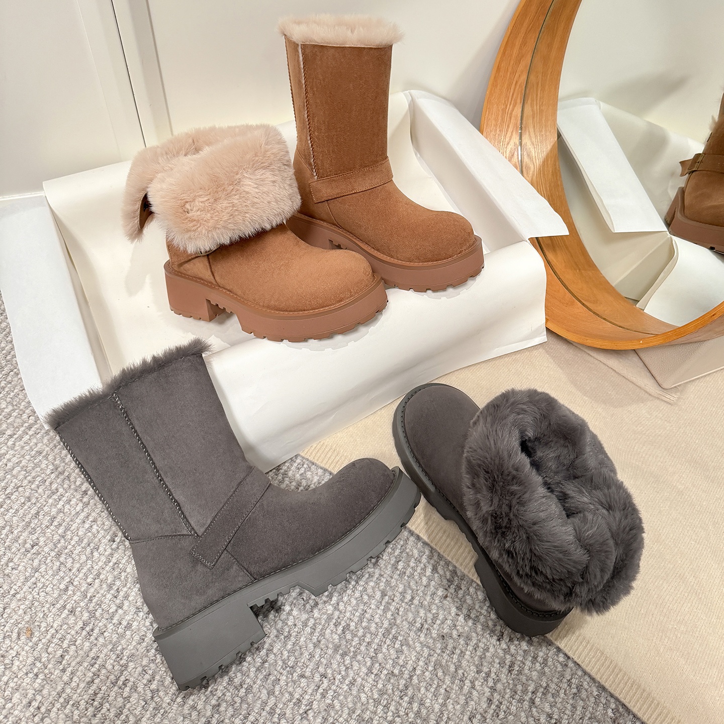 简约圆头短筒铆钉皮带扣雪地靴