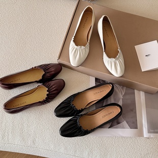 气质百搭内增高羊皮工作鞋 圆圆妈2026春季 褶皱套脚单鞋 浅口鞋 韩版