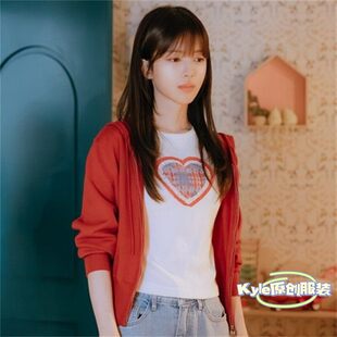 给你宇宙禹贤真卢正义同款毛衣开衫红色长袖连帽针织衫外套上衣女