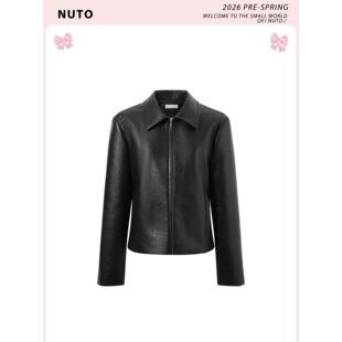 NUTO 复古黑色正肩翻领PU皮衣拉链夹克女早春简约百搭休闲短外套