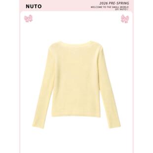 NUTO 空气感轻盈栀绒黄一字领针织T恤衫女2026新款春单穿长袖上衣