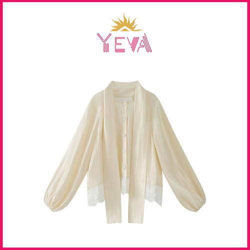 YEVA奶油黄拼接刺绣花边