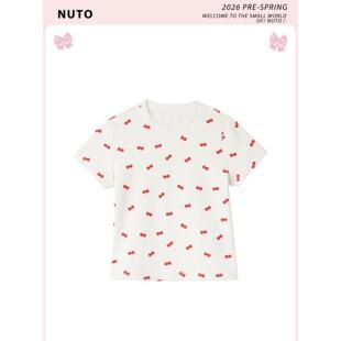 NUTO  奶油红蝴蝶结印花小花边圆领正肩短袖T恤衫女2026春季新款