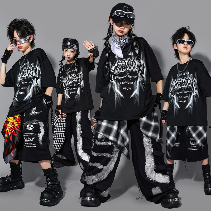 六一儿童黑色街舞演出服男童女童嘻哈套装幼儿男孩hiphop表演服装