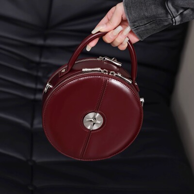 真皮红色小圆包轻奢高级感手提包
