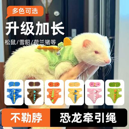 可调节荷兰猪松鼠恐龙造型带铃铛外出防丢遛宠绳雪貂牵引绳背心式