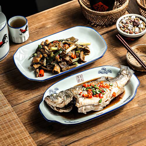 双耳菜盘蒸盘长方形鱼盘饭店专用