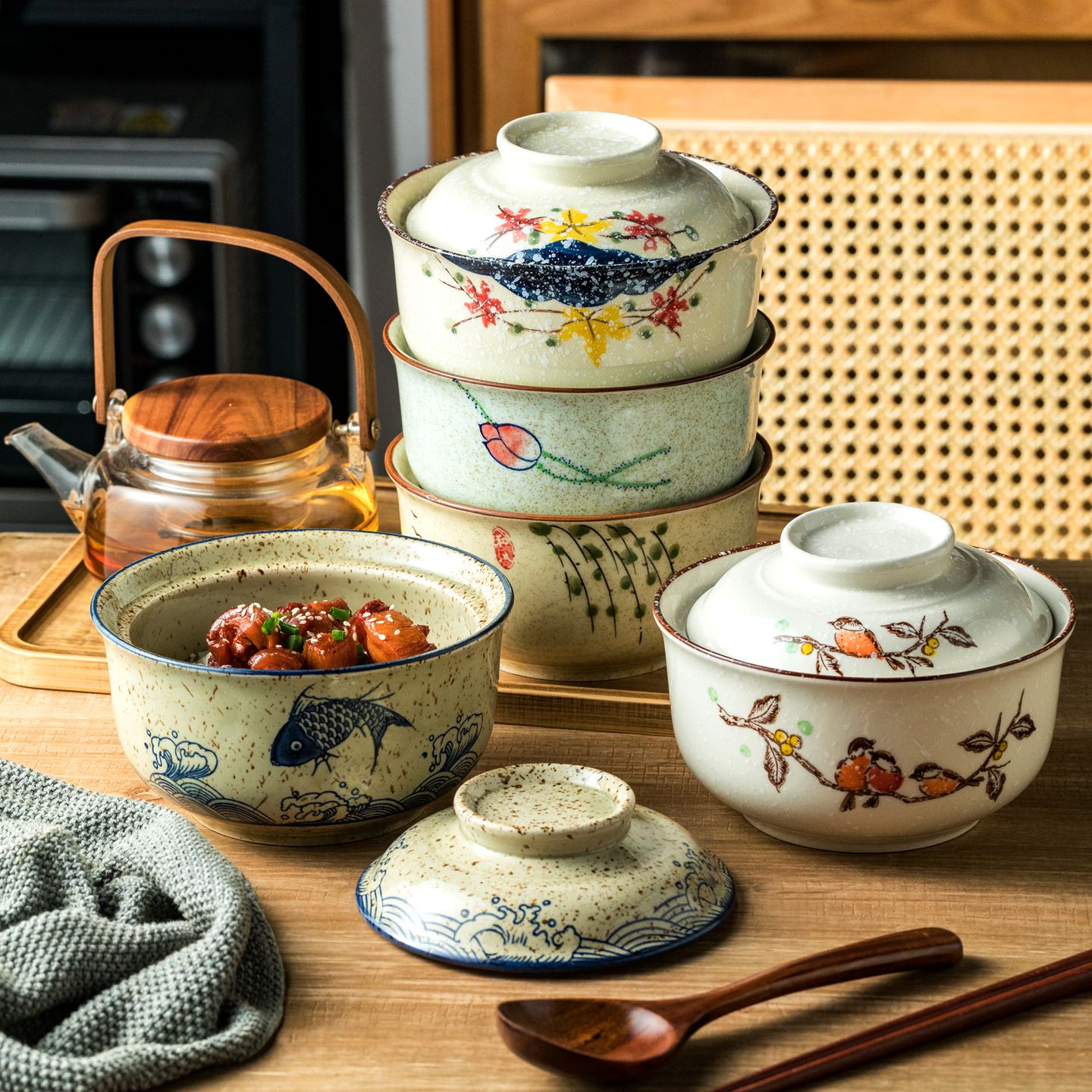 微波炉加热碗陶瓷带盖碗蒸碗面碗