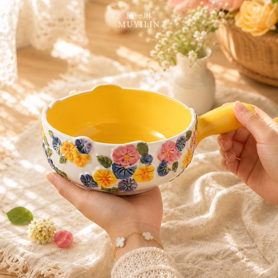盘子家用菜盘蔬菜沙拉盘精致甜品盘漂亮早餐盘汤盘深盘手柄盘碗盘