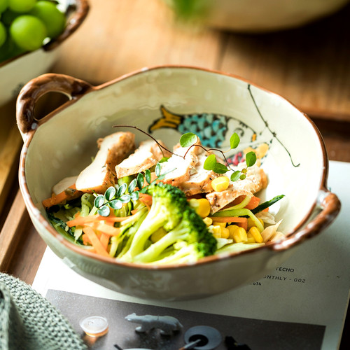 手绘双耳陶瓷碗女孩子专用碗好看