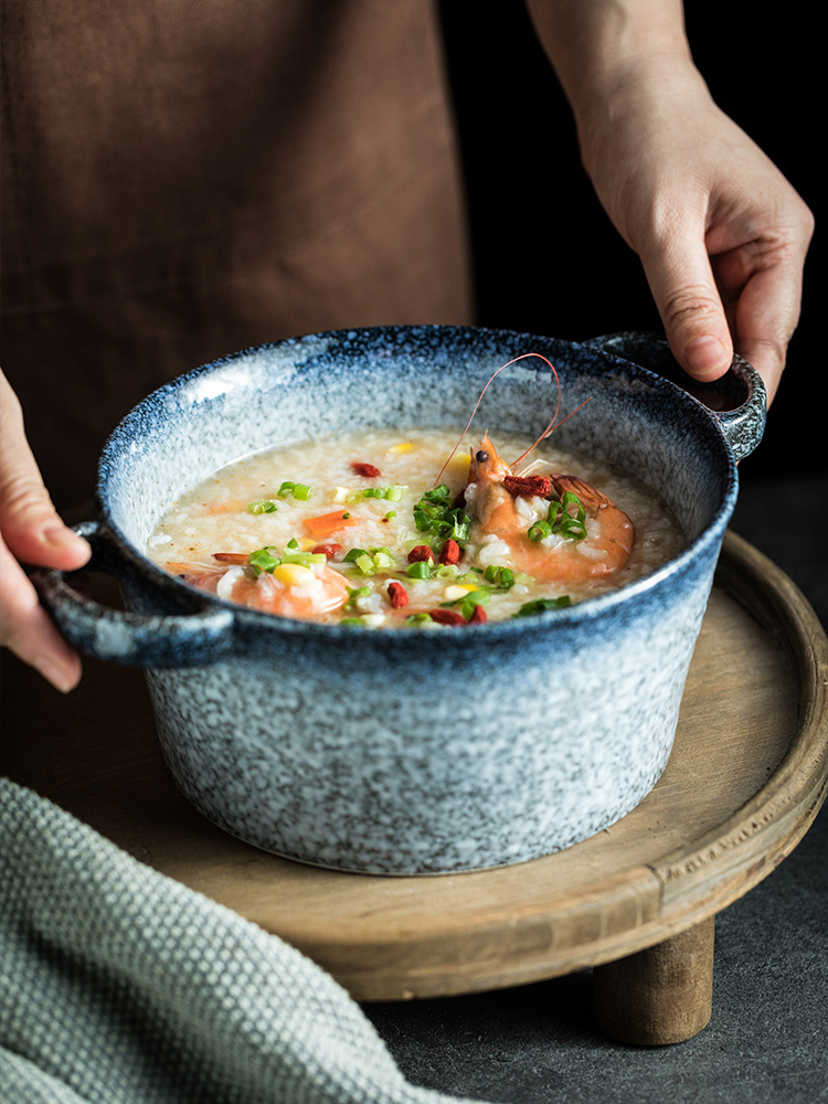 日式双耳汤碗创意陶瓷碗 家用大号浓汤锅大汤碗深碗餐厅饭店餐具