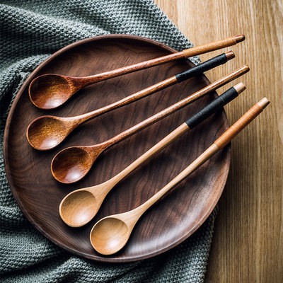 日式木勺加长柄勺子汤匙家用实木调料勺木质餐具汤勺小号蜂蜜勺