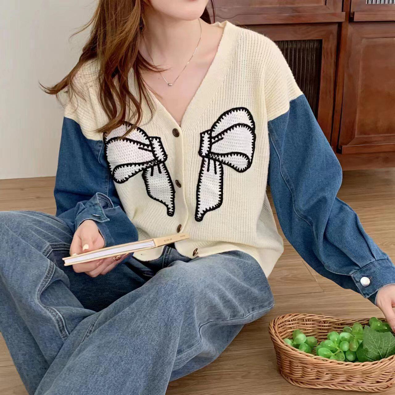 新款牛仔拼接蝴蝶结针织衫提花外套秋冬季 V领短款宽松毛衣女开衫