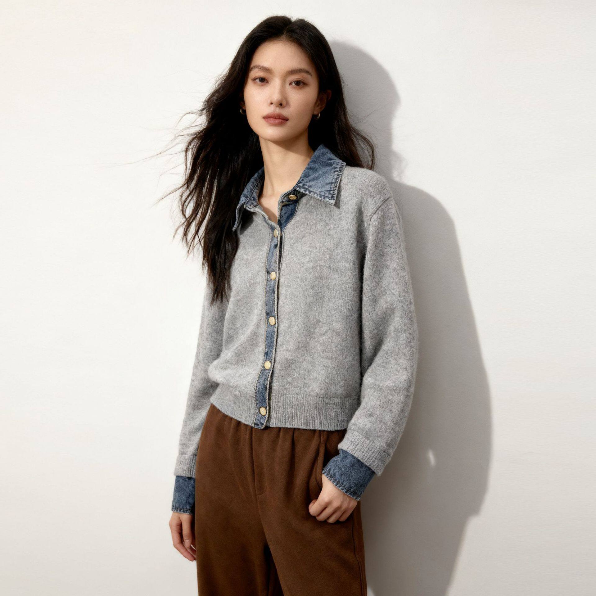 【羊羊世家】日韩牛仔拼接针织开衫女洋气时尚显瘦针织衫毛衣外套