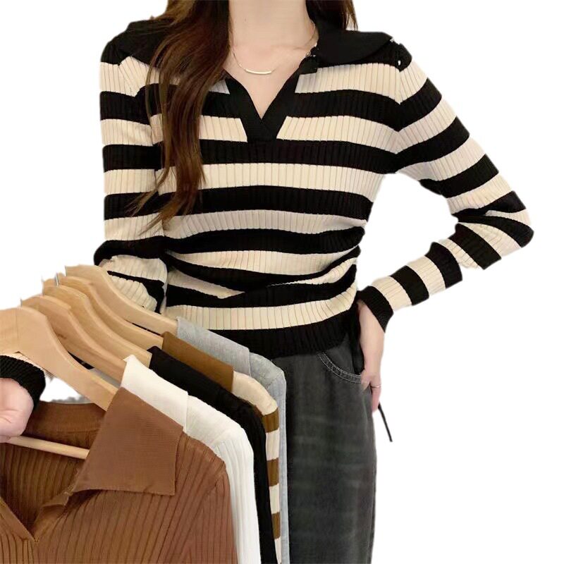 Polo翻领设计感抽绳长袖条纹针织女春夏季新款修身百搭打底衫上衣