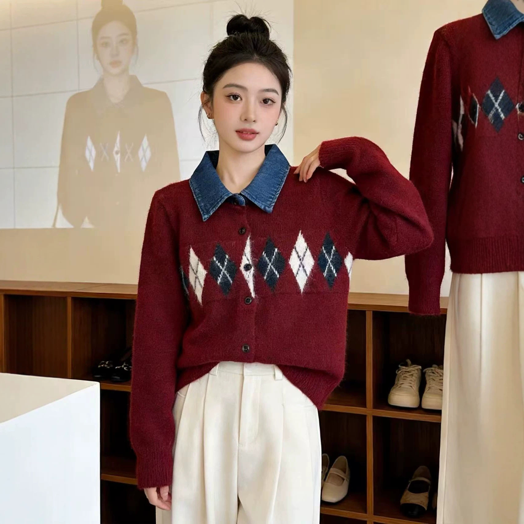 牛仔polo领毛衣开衫外套女秋冬超火小众不撞款上衣巨好看的针织衫