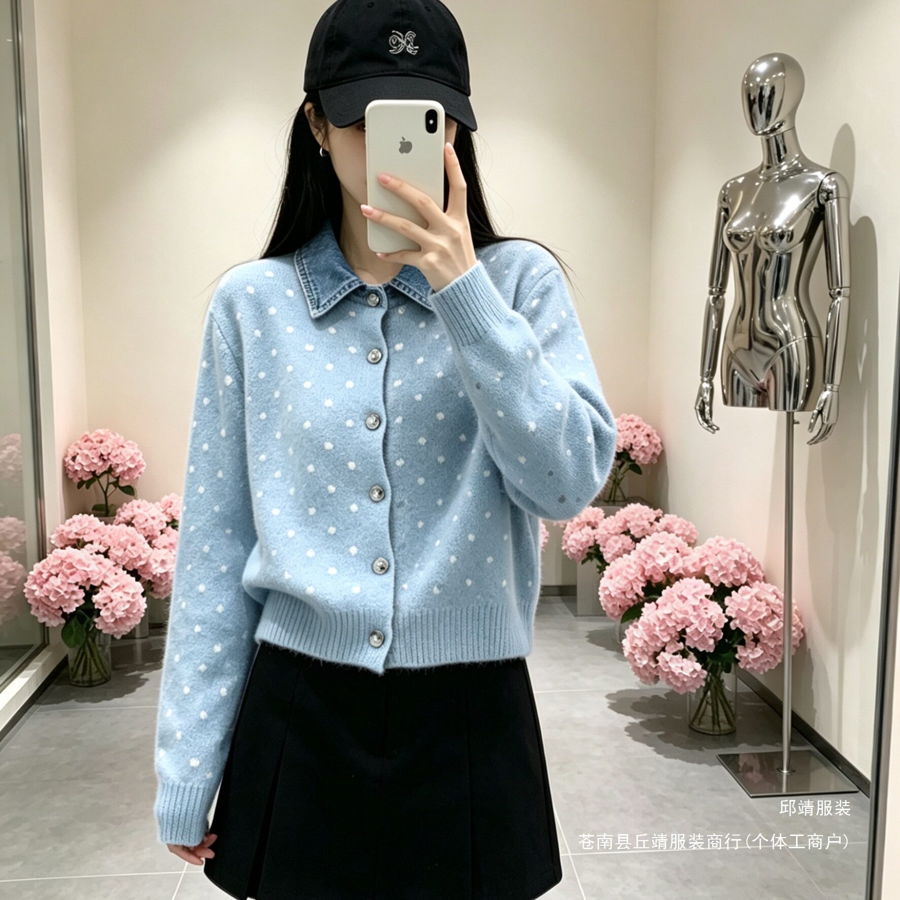 假两件牛仔拼接POLO领针织衫软糯减龄毛衣外套秋冬季新款法式波点