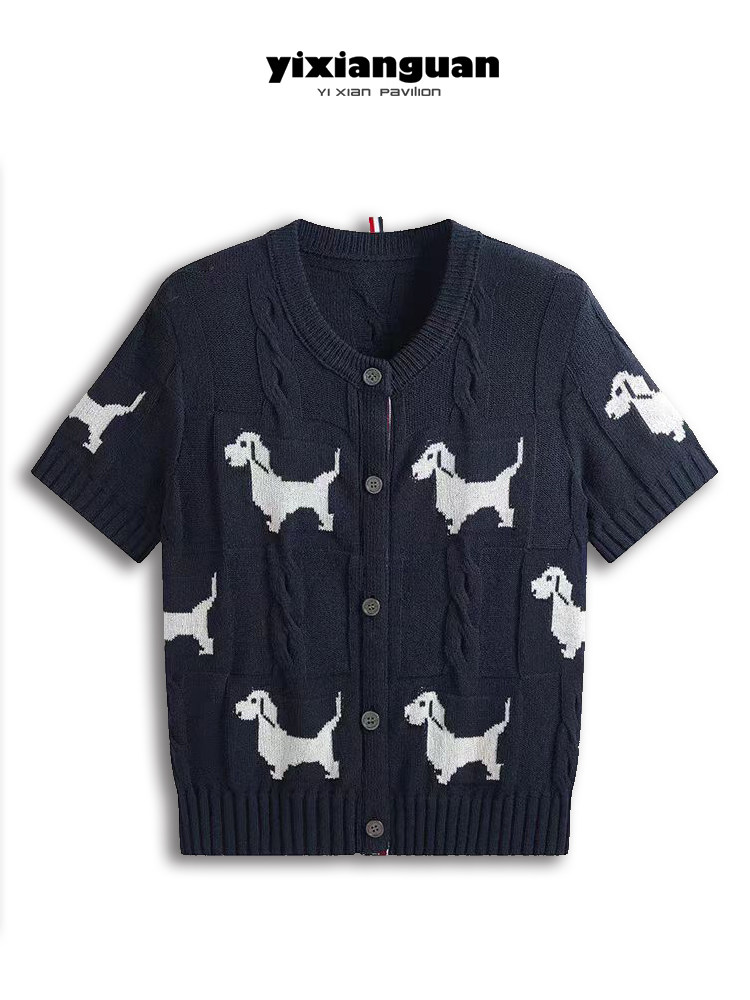 慵懒风藏青色针织开衫设计感狗狗提花麻花圆领短袖短款薄tbb针织