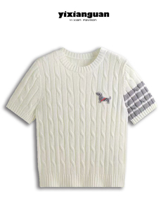 白色麻花设计感学院风小狗刺绣百搭针织衫短袖上衣女修身打底毛衣