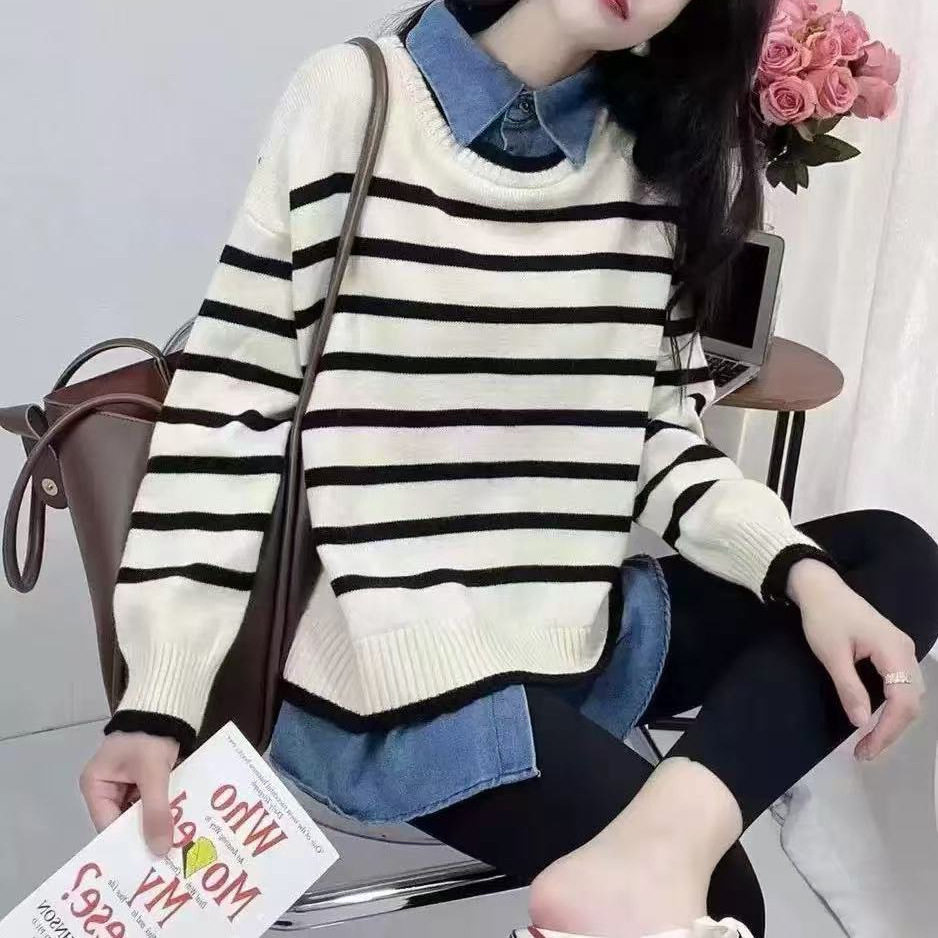 2026新款跨境牛仔拼接假两件条纹毛衣女设计感减龄叠穿针织衫打底