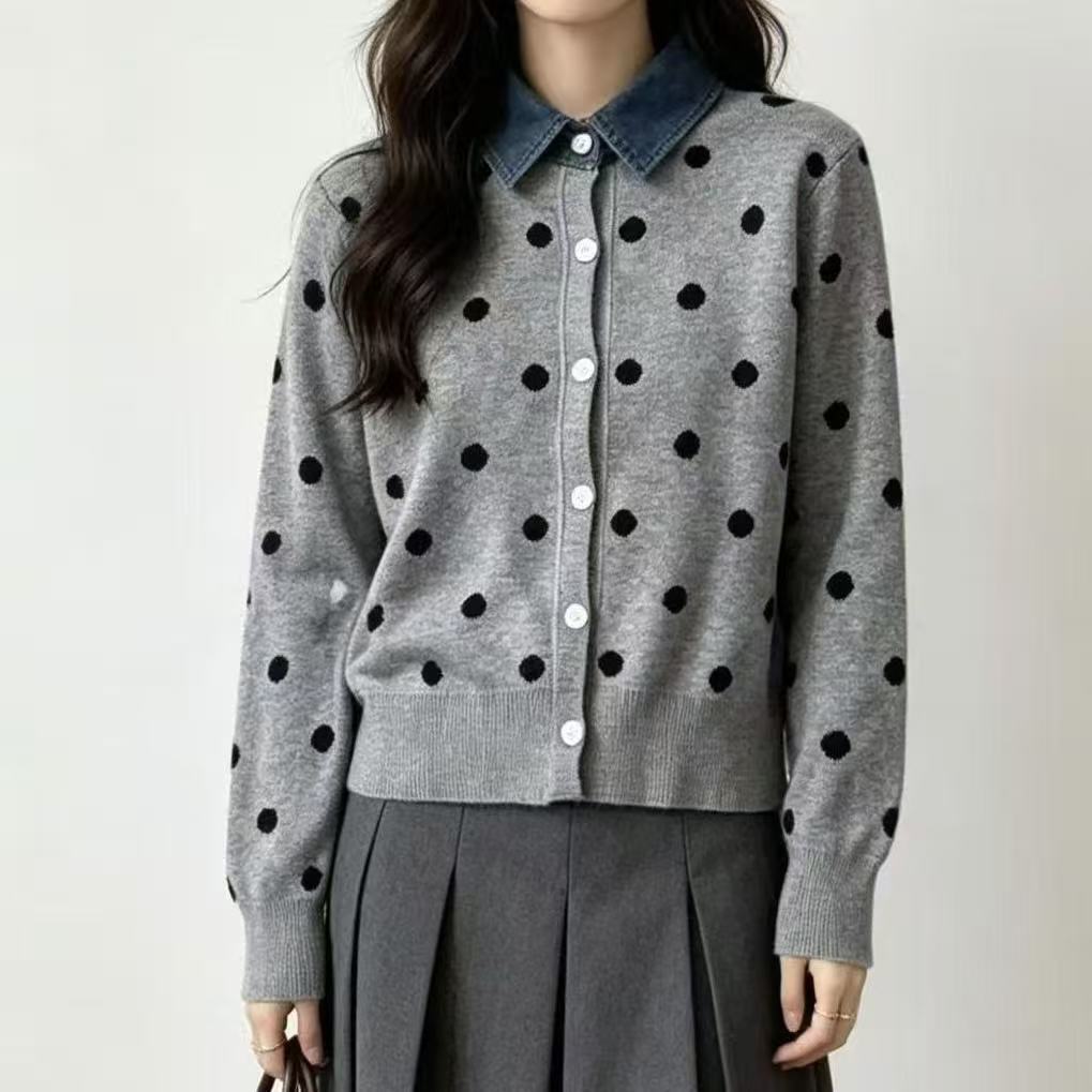 港风复古波点假两件牛仔拼接POLO领2026针织衫软糯减龄毛衣外套女
