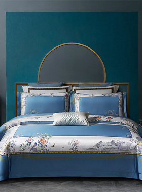 高端奢华纯棉全棉床单四件套140S数码印花新中式床单被套床上用品